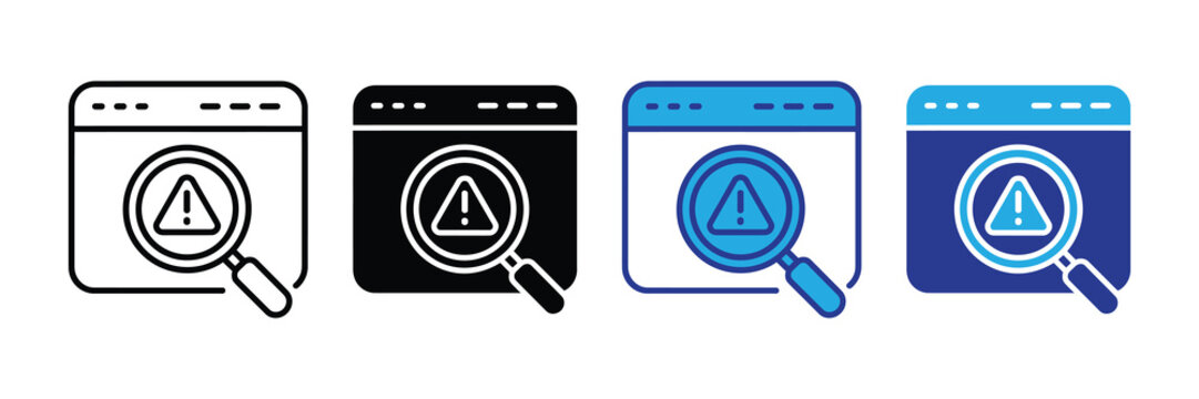 Collection of four alert warning icons with magnifying glass over web page browser window on white background for website or app design
