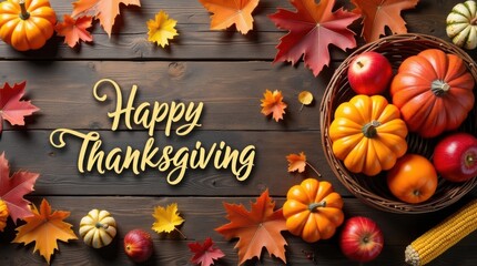 Happy thanksgiving fall bounty, leaves, pumpkins on rustic wood.