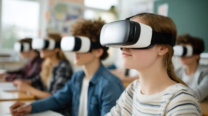 Young Female Student Wearing Virtual Reality Headset in Classroom with Classmates