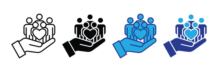 Hand holding group of people with heart icon symbolizing community care, support, and social responsibility in various graphic styles.