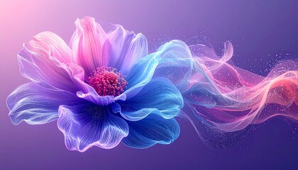 Abstract, glowing flower with soft pink and blue light streaks emanating right on purple backdrop