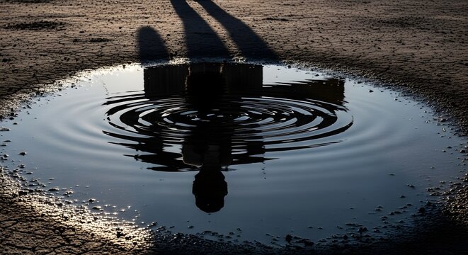 Silhouette of a person standing near a water puddle with ripples on the surface during sunset or sunrise, creating a calm and reflective scene