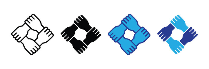 Four stylized hands linked together in a square formation, symbolizing unity, teamwork, collaboration, support, and partnership. isolated vector icon on white.