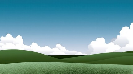 Obraz premium A peaceful landscape featuring rolling green hills under a clear blue sky with fluffy white clouds, ideal for nature-themed projects.