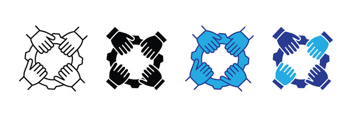 Four hands form a circle around a gear, symbolizing teamwork, collaboration, and mechanical synergy for business projects and industry.
