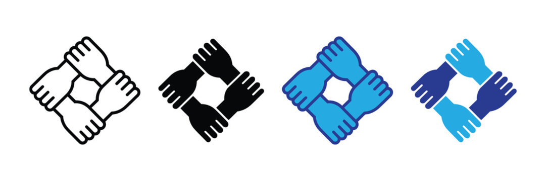 Four stylized hands linked together in a square formation, symbolizing unity, teamwork, collaboration, support, and partnership. isolated vector icon on white. - Powered by Adobe