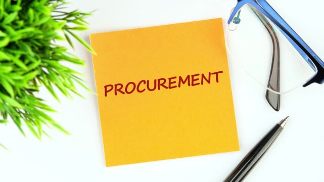 Concept of procurement. Animation of the PROCURATION text on a yellow sticker on a light background