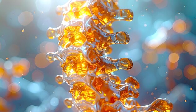 Close-up of a translucent, abstract, amber-toned spiral, sparkling with light against a soft blue bokeh background