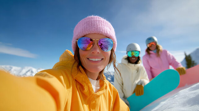 Smiling women enjoy snowboarding adventure in sunny winter mountains - Powered by Adobe