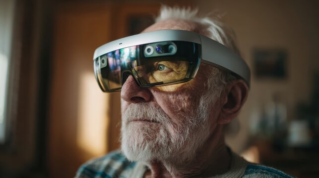 Elderly Man Wearing Virtual Reality Headset in Indoor Environment