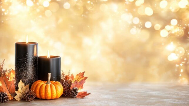 Golden Glow of Autumn: Three elegant black candles cast a warm, inviting glow, nestled among autumnal leaves and a charming pumpkin. Capturing a season of cozy comfort and serene ambiance.