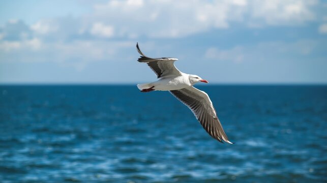 Seagull soaring over ocean waves coastal beach nature photography bright blue sky eco energy and green energy concepts