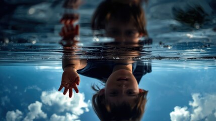 Child exploring eco energy reflections in water nature photography clear blue sky serene environment