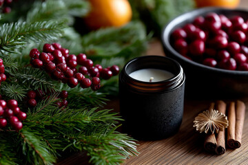 Festive holiday decor with candle, cranberries, fir branches, and cinnamon sticks