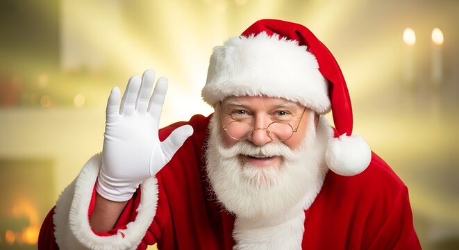 A cheerful Santa Claus with a white beard, wearing a red suit and hat, smiles warmly while waving his gloved hand.