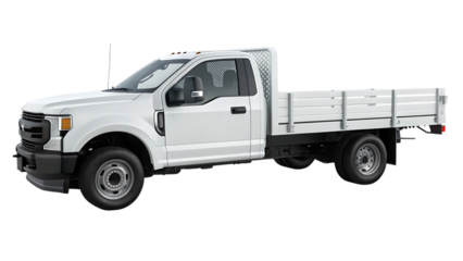 Photorealistic white commercial flatbed pickup truck, with dual rear wheels, cutout, PNG isolated on transparent background