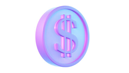 A 3d render of a glowing coin with a dollar sign, illuminated with purple and blue neon light, symbolizing finance and currency, transparent background
