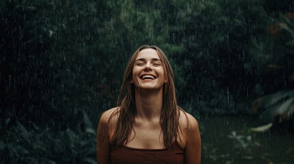 Embracing eco energy a woman's joyful connection to nature under rainfall in a lush green environment