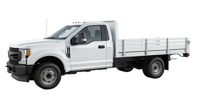 Photorealistic white commercial flatbed pickup truck, with dual rear wheels, cutout, PNG isolated on transparent background