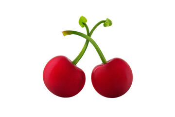 Two ripe red cherries with green stems, , transparent background
