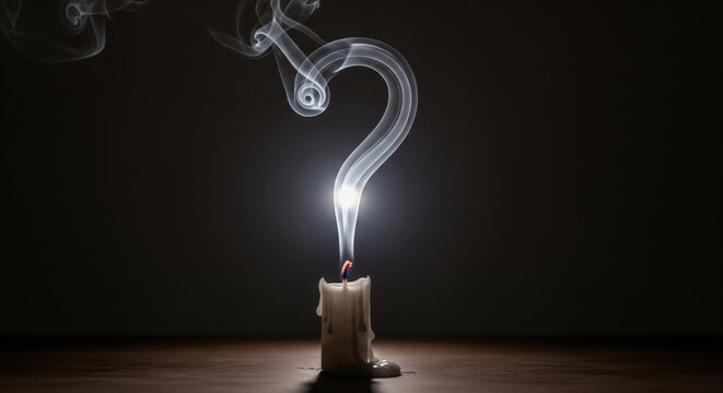 Burnt-out candle with question mark smoke on wood table, dark background