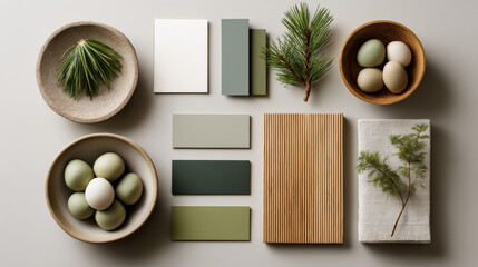 Natural minimalist composition with green and neutral elements for interior design inspiration