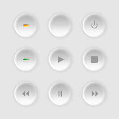 Minimal neumorphic control panel with soft shadow buttons featuring play, pause, stop, power, and navigation icons in a clean modern style.