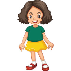 Cartoon young girl with short brown curly hair wearing a green t-shirt and yellow skirt standing with red shoes and white socks against a transparent background