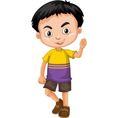 Smiling Young Boy With Black Hair Wearing A Yellow And Purple T Shirt And Brown Shorts Waving Hello On Transparent Background