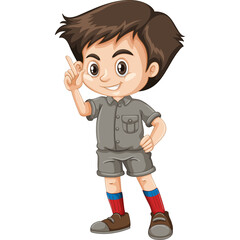 Smiling Young Boy With Brown Hair Wearing A Gray Safari Outfit And Red Blue Socks Holding Up One Finger In A Peace Sign Pose Isolated On A White Background
