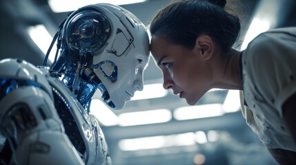 Woman and Robot Face to Face Intense Interaction in Futuristic Laboratory