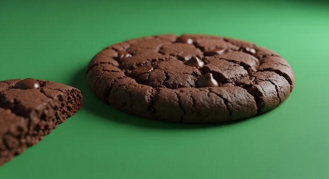 Close-up of a freshly baked chocolate cookie with a cracked surface and chocolate chips on a vibrant green background