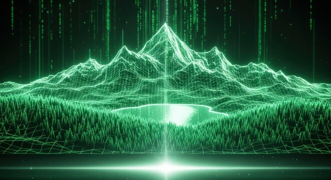 Digital mountain landscape with falling code representing data visualization