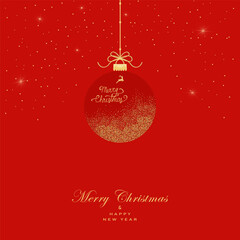Greeting card with christmas ball made from golden glitter on black background.New year them. Vector illustration