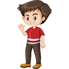 Cartoon Boy Waving Hello Wearing A Red Shirt Brown Pants and Orange Shoes Isolated On White Background With A Transparent Background