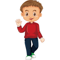Cartoon Boy Waving Hello Wearing Red Sweater Dark Blue Jeans and White Sneakers Isolated on Transparent Background Animated Character