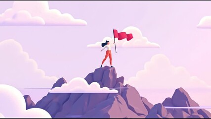 Woman on Mountain Peak: Holding Red Flag in Victory Pose – Motivational & Empowerment Visual