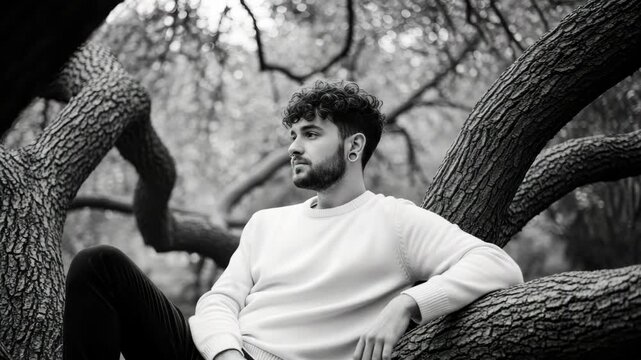 A contemplative young adult male with curly hair and beard sits on a large tree branch. Dressed in a white sweater, he gazes sideways in a serene black and white natural environment