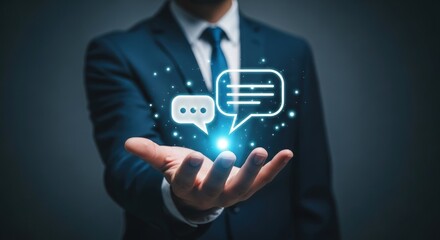 Businessman presenting digital speech bubbles representing communication technology