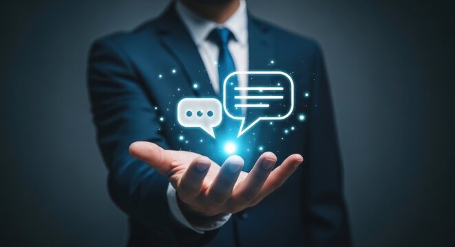 Businessman presenting digital speech bubbles representing communication technology