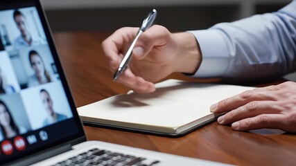 Professional Writes Notes During Virtual Team Meeting on Laptop - Powered by Adobe