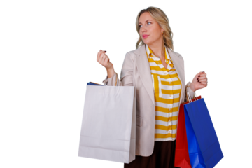 Woman holding shopping bags after purchasing items, looking away, enjoying retail therapy during sale, transparent background