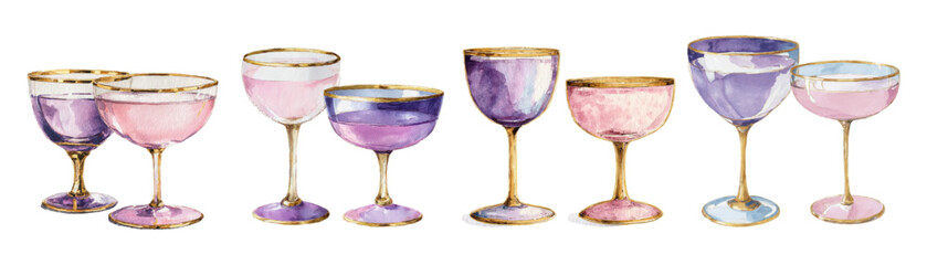 Watercolor set of whimsical cocktails. Pink and purple glasses with frosted rims filled with drinks. Vintage bar and party elements. Retro glasses. Vector illustration.