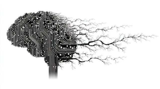 Black vector of robotic brain growing data branches, drawn over pure white background. Represents innovation, machine learning, and AI growth.