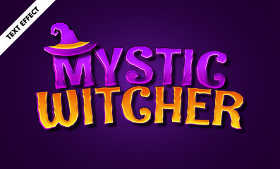 Mystic Witcher Text Effect Layer Style Vector, Editable Halloween Title with Witch Hat, Purple and Orange Spooky Typography for Poster, Game, and Magic Design