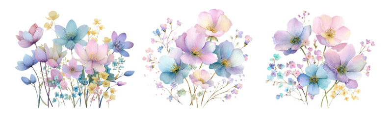 Set of watercolor compositions of wildflowers in a soft pastel palette. Romantic pink and blue hand drawn flowers. Cute vintage bouquets for wedding designs, spring, Mother's Day, etc.
