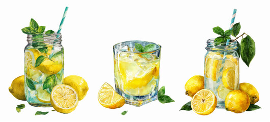 Watercolor illustrations of fresh summer lemonade in glasses. Drinks with lemon slices, mint leaves and ice. Fresh lemons. Lemon drinks in glasses. Summer refreshing midsummer drinks.