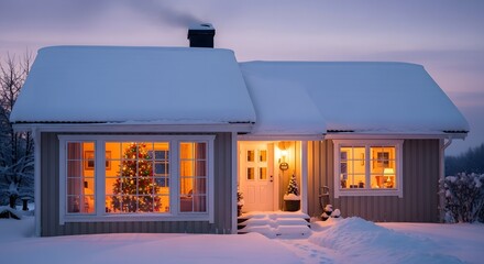 A cozy, snow-covered house with a Christmas tree visible through the window, illuminated warmly.