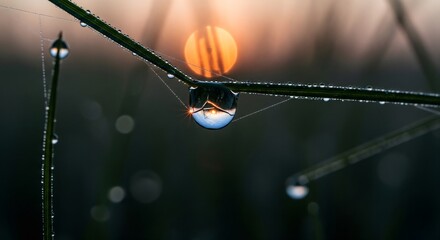Sunrise Reflected in Dew Drops on Spiderweb-Strung Grass Blades at Dawn