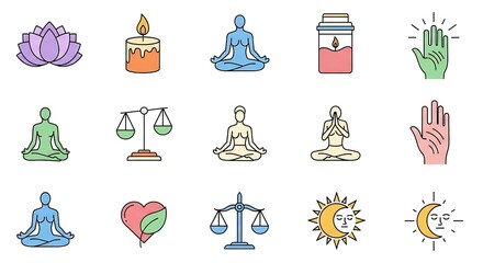 Fototapeta premium Meditation wellness yoga mindfulness balance harmony zen peace spiritual health icons set